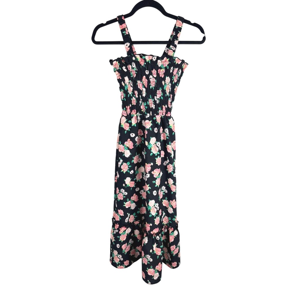 H&M Divided Floral Smocked Midi‎ Dress Black Pink XS